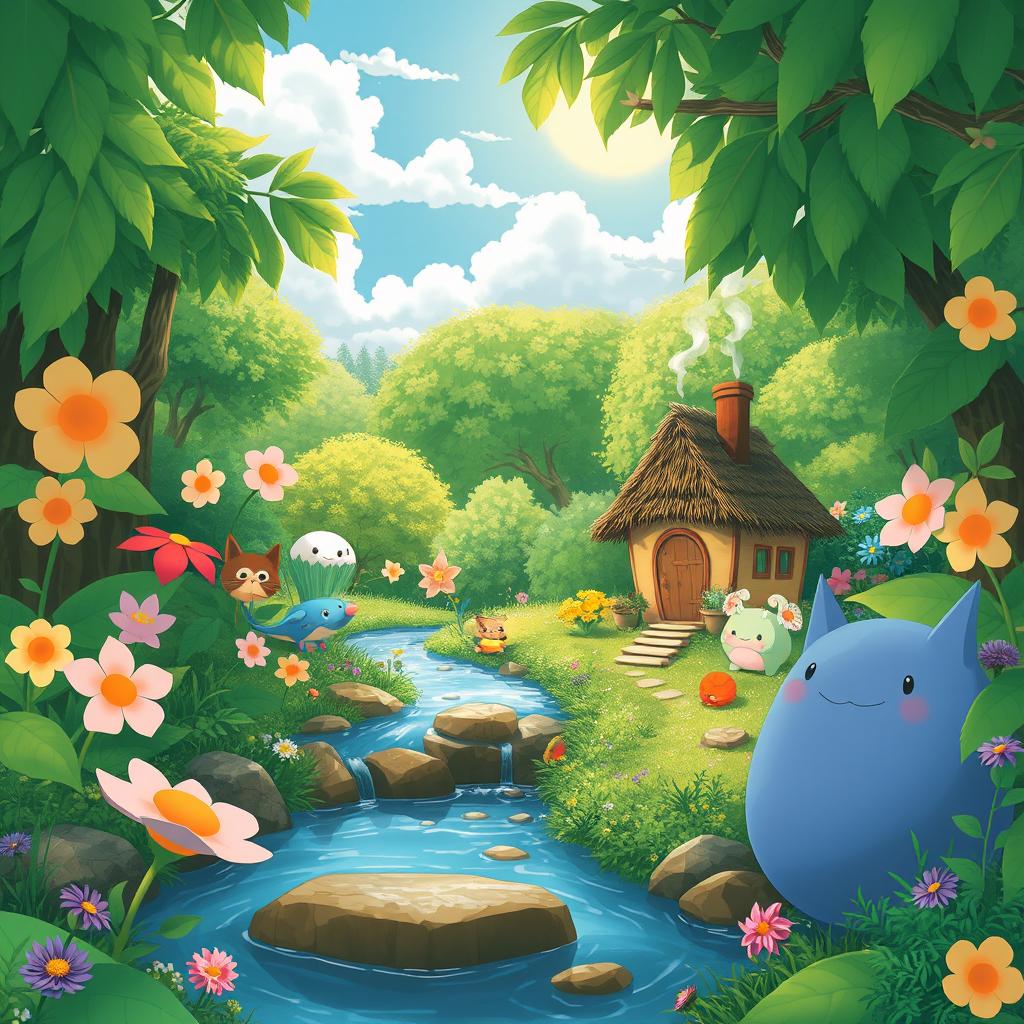 A vibrant and whimsical scene inspired by Studio Ghibli, showcasing lush greenery and magical elements