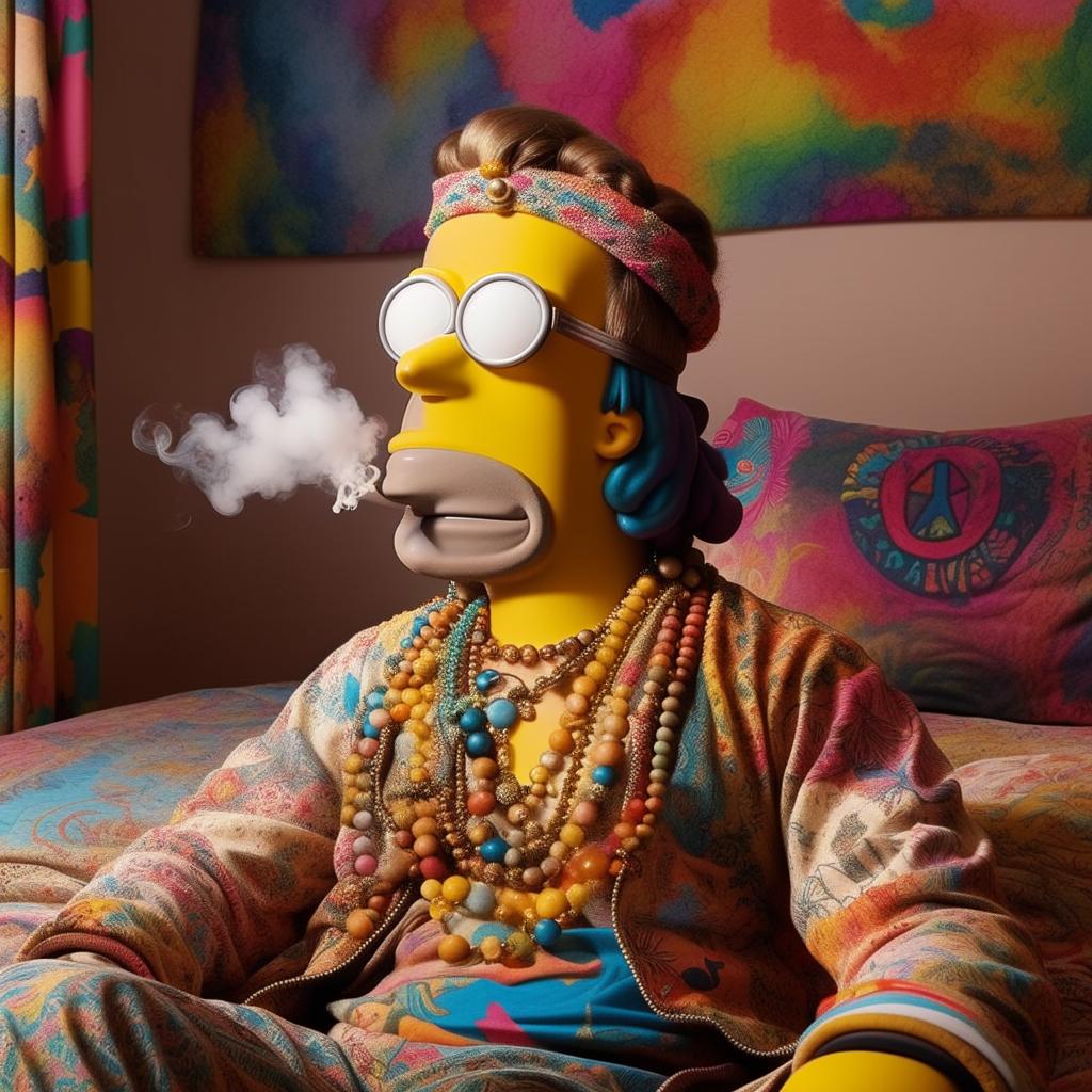 Homer Simpson sitting on a bed, adorned in vibrant hippie attire, smoking a large cigar. His outfit consists of multi-colored, patterned clothes, a headband, glasses, and a peace sign necklace.