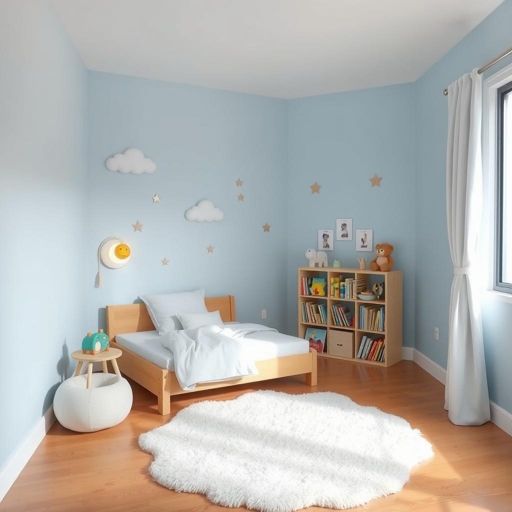 A cozy minimalist bedroom designed for a toddler boy, featuring soft blue sky walls and simple furnishings