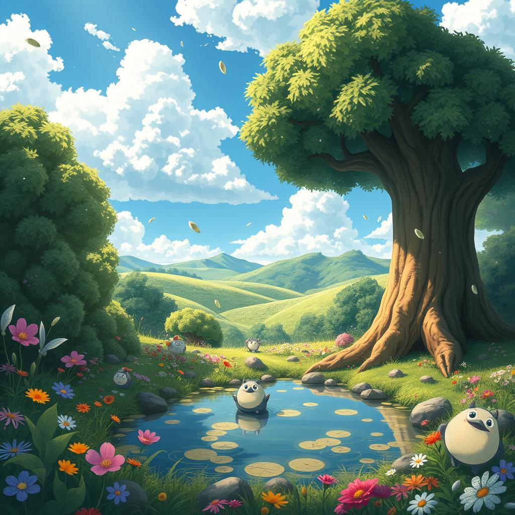 A whimsical forest scene inspired by Studio Ghibli, featuring magical creatures such as small, fluffy forest spirits and a gentle, wise-looking giant tree