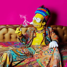 Homer Simpson sitting on a bed, adorned in vibrant hippie attire, smoking a large cigar. His outfit consists of multi-colored, patterned clothes, a headband, glasses, and a peace sign necklace.