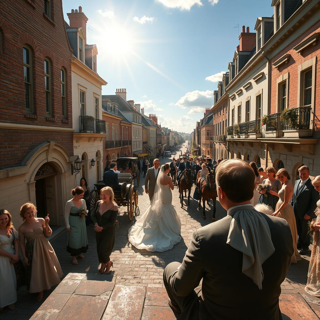 A historical scene depicting a wedding in the 18th or 19th century, viewed from a man's perspective seated on a rooftop overlooking the street