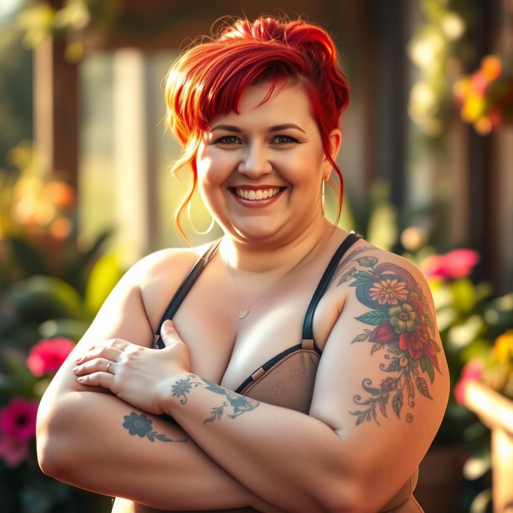 A chubby redheaded lady with vibrant red hair, showcasing beautiful tattoos on her arms and shoulders
