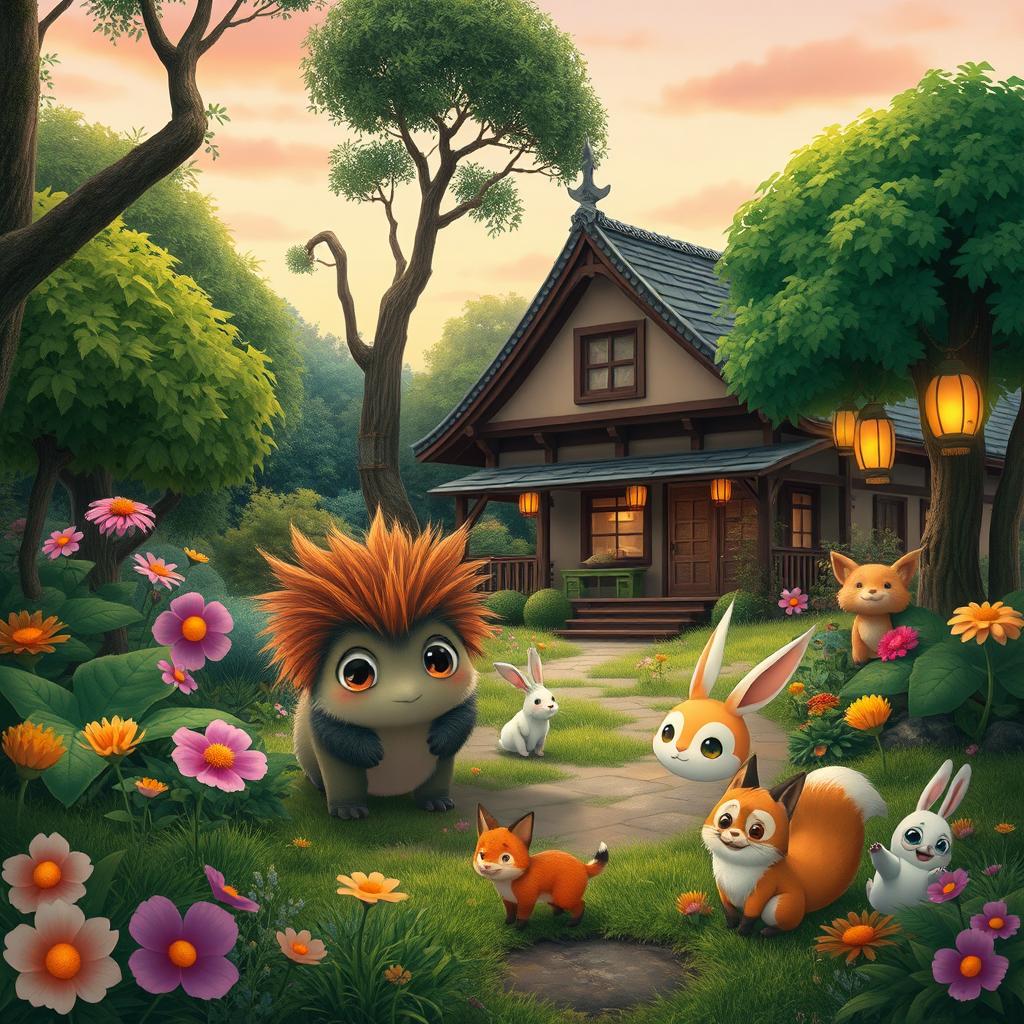 A whimsical scene inspired by Studio Ghibli films, featuring a lush, fantastical forest with vibrant greenery, oversized flowers, and gentle creatures wandering about