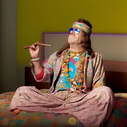 Homer Simpson sitting on a bed, adorned in vibrant hippie attire, smoking a large cigar. His outfit consists of multi-colored, patterned clothes, a headband, glasses, and a peace sign necklace.