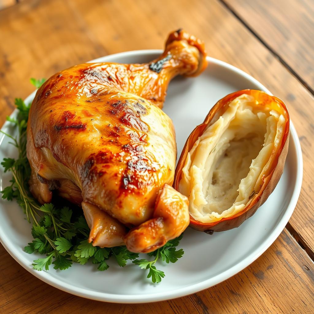 A beautifully presented plate featuring a succulent roasted chicken leg with crispy skin, golden brown and glistening