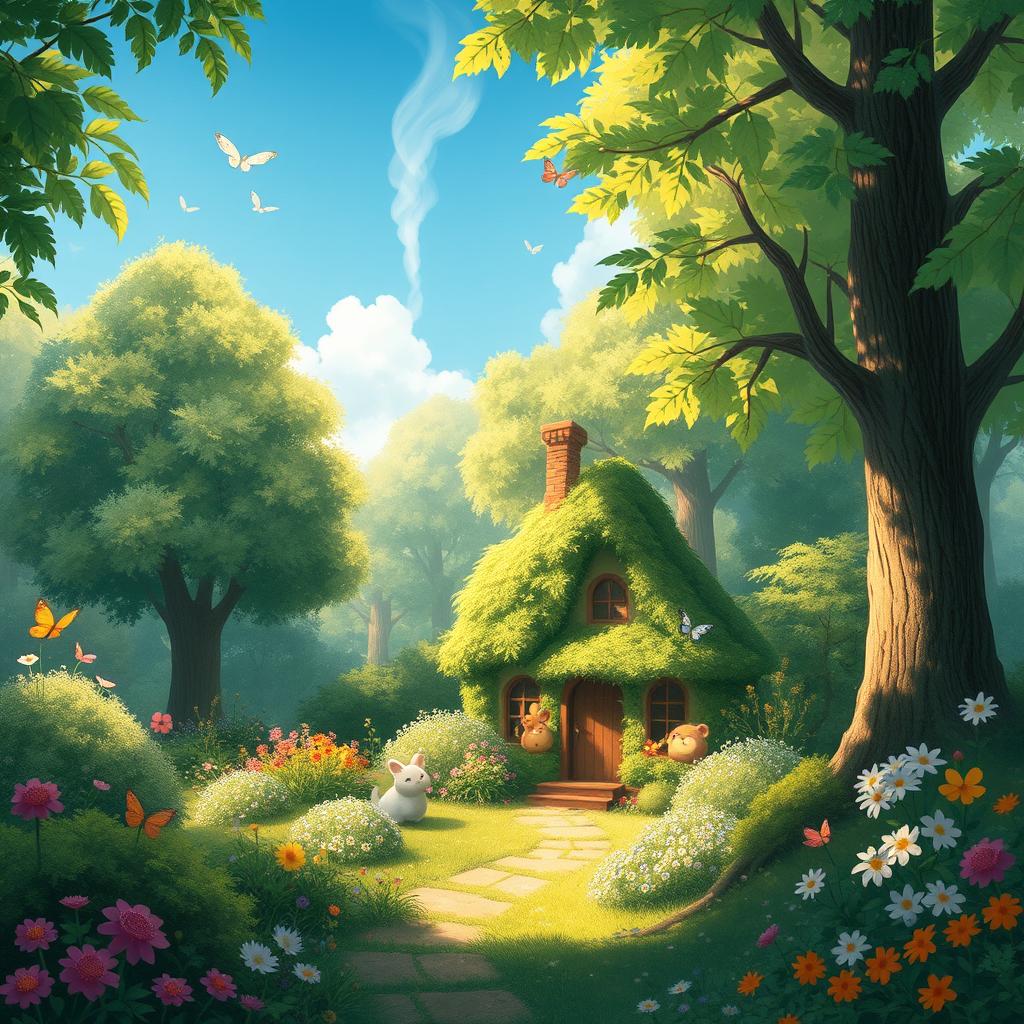 A whimsical forest scene inspired by Studio Ghibli, featuring lush greenery, vibrant flowers, and a clear blue sky