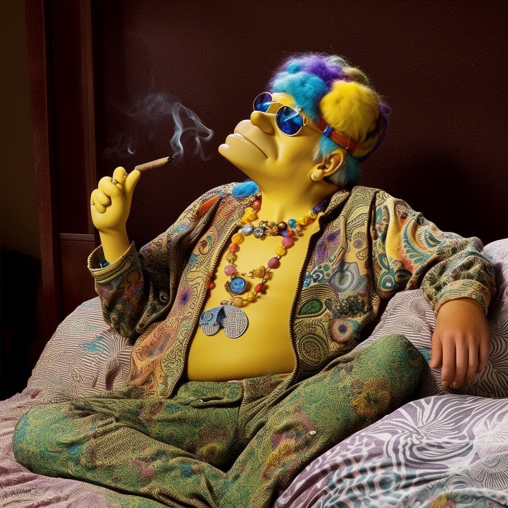 Homer Simpson sitting on a bed, adorned in vibrant hippie attire, smoking a large cigar. His outfit consists of multi-colored, patterned clothes, a headband, glasses, and a peace sign necklace.