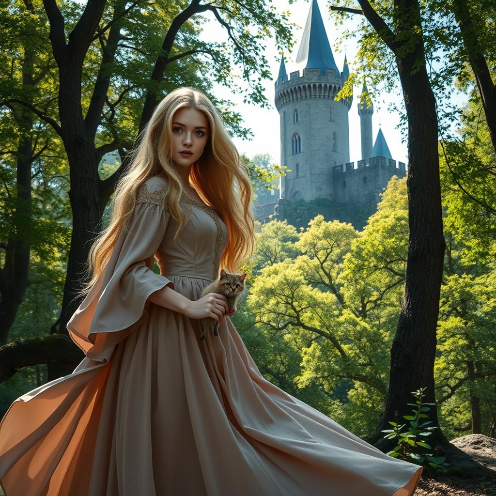 A medieval forest scene featuring a beautiful 25-year-old blonde woman standing near an ancient castle