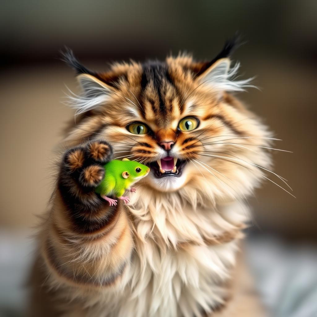 A fluffy Manul cat striking a playful pose, proudly holding a vibrant green mouse in its teeth