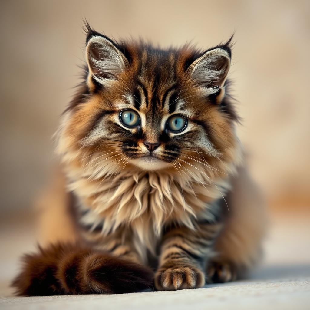A fluffy and adorable Manul cat sitting gracefully, showcasing its unique, rounded face and thick fur