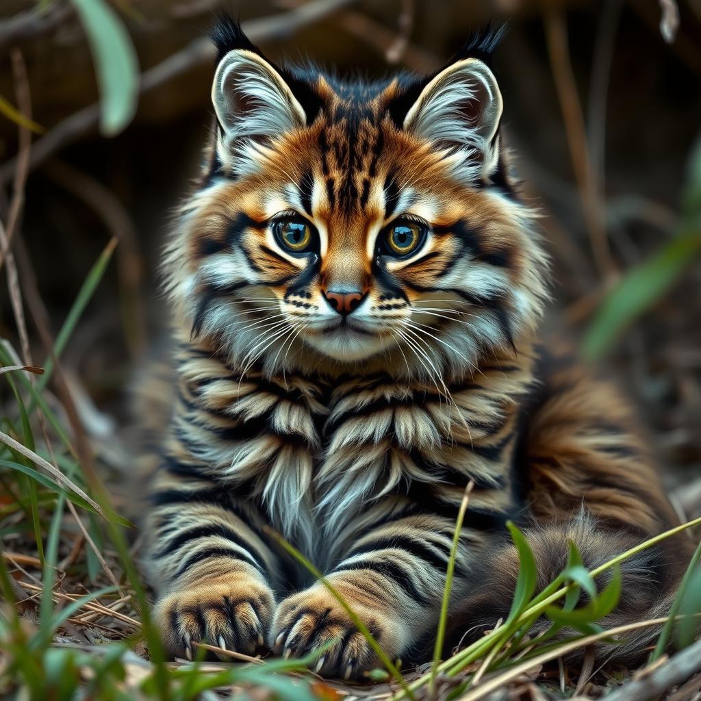 A detailed portrayal of a Manul cat sitting comfortably, showcasing its fluffy fur and distinctive round face