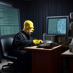 Homer Simpson sitting at a desk, engrossed in using a computer. He is wearing a black robe, conveying a sense of profound seriousness, in contrast to his usual attire.