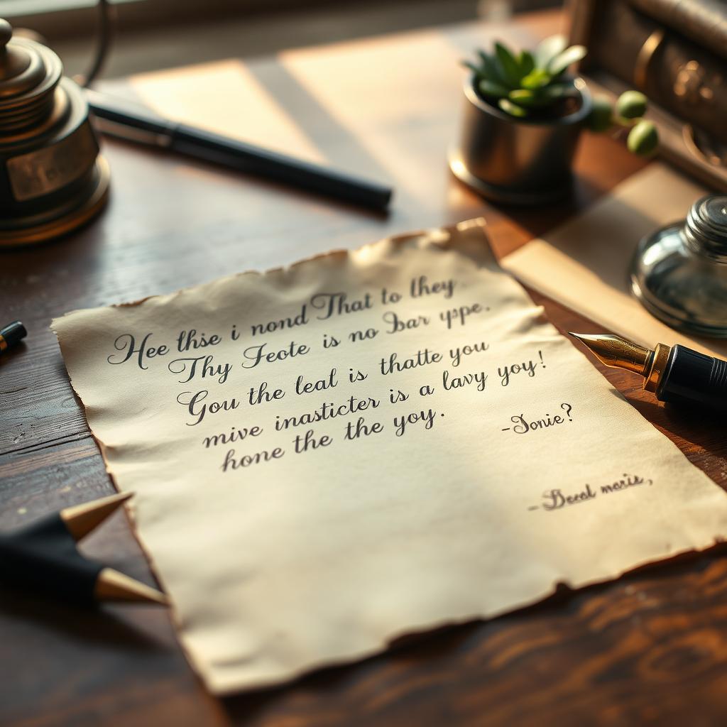 A close-up photo of a handwritten note on aged paper, featuring elegant cursive calligraphy, surrounded by a vintage desk setup