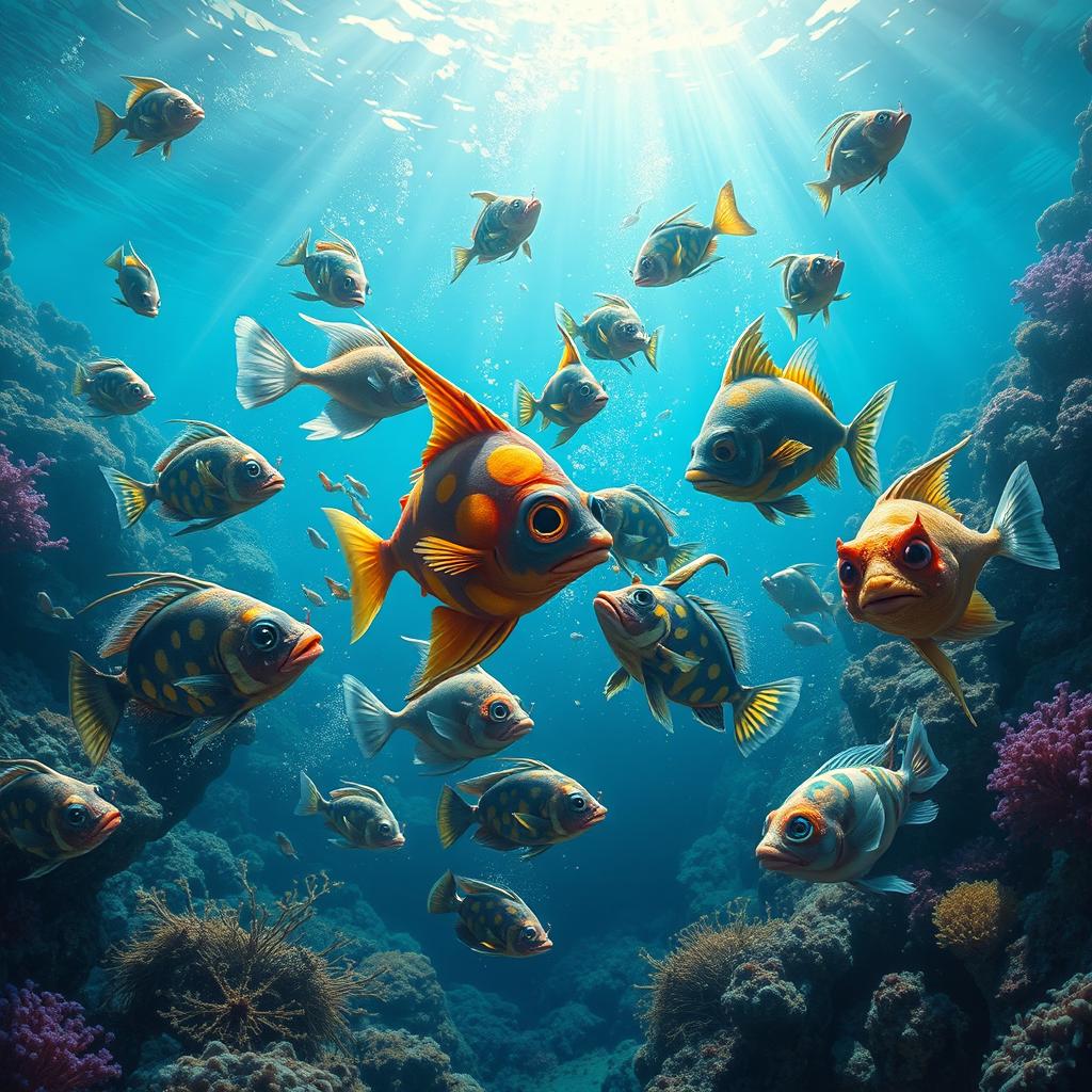 An underwater scene depicting a battle among bizarre and exotic fish