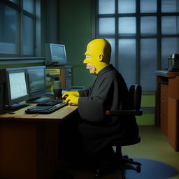 Homer Simpson sitting at a desk, engrossed in using a computer. He is wearing a black robe, conveying a sense of profound seriousness, in contrast to his usual attire.