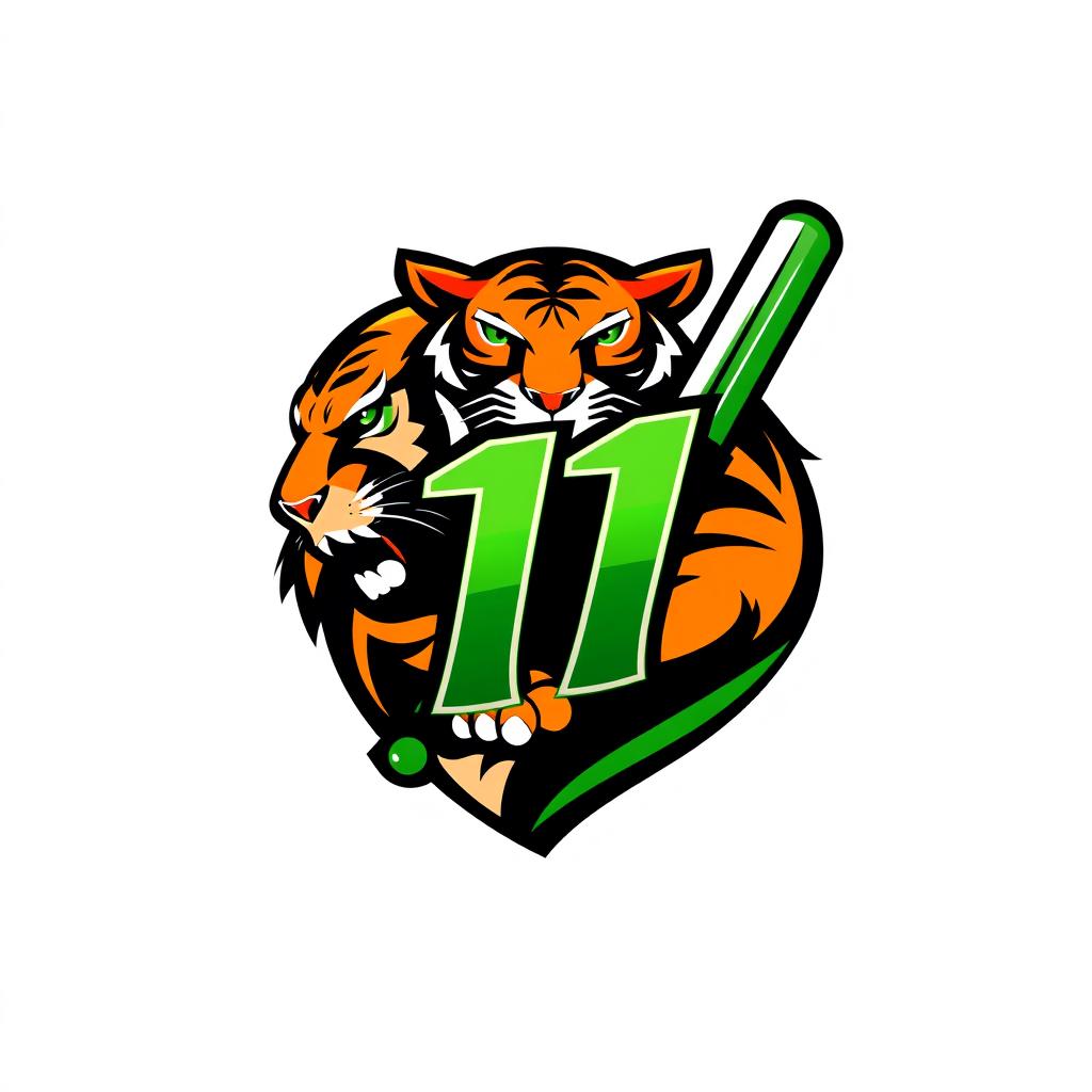 A dynamic and modern logo design featuring a stylized tiger intertwined with the number 11, representing the spirit of cricket