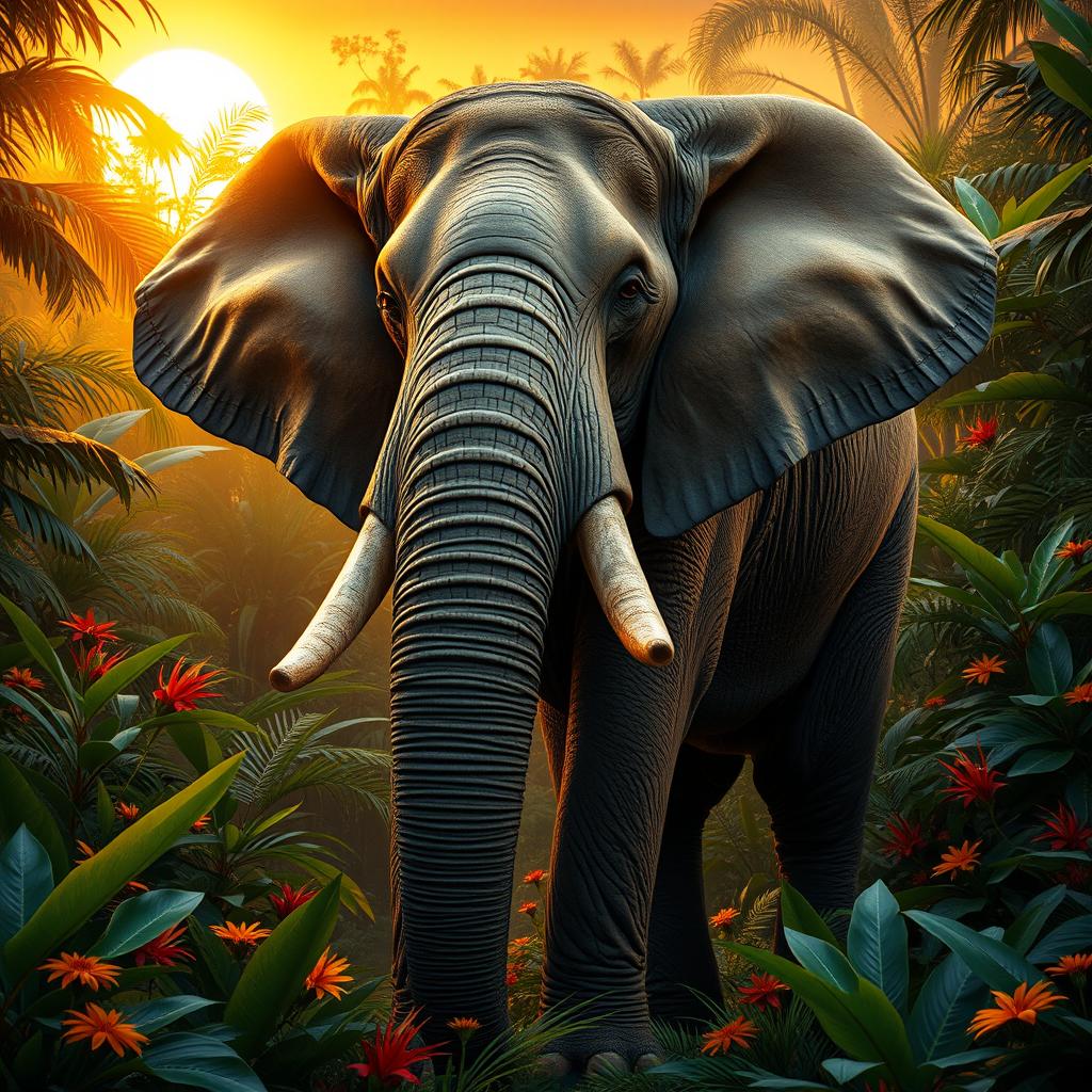 An enormous, highly detailed and majestic elephant standing majestically in a lush jungle environment
