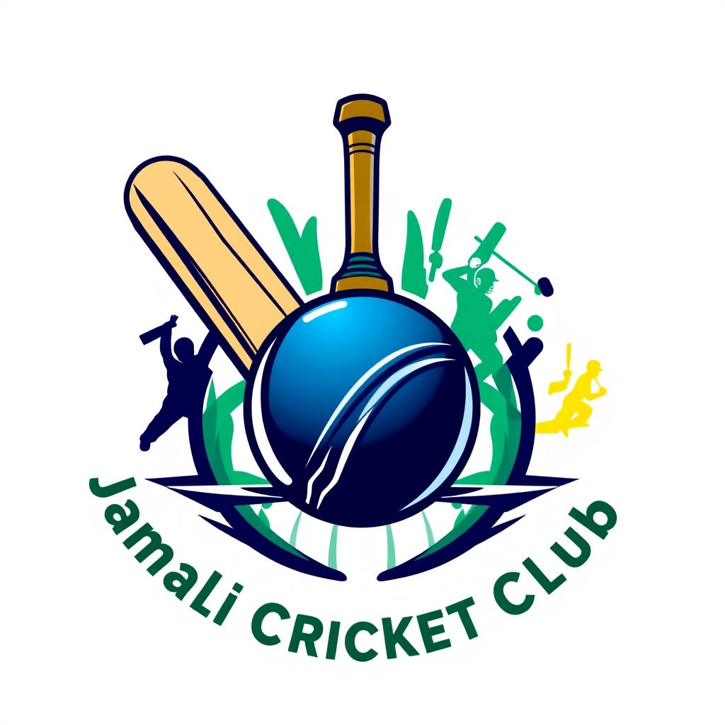 A vibrant and eye-catching logo for the Jamali Cricket Club, featuring a stylized cricket bat and ball at the center