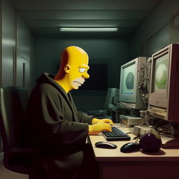 Homer Simpson sitting at a desk, engrossed in using a computer. He is wearing a black robe, conveying a sense of profound seriousness, in contrast to his usual attire.