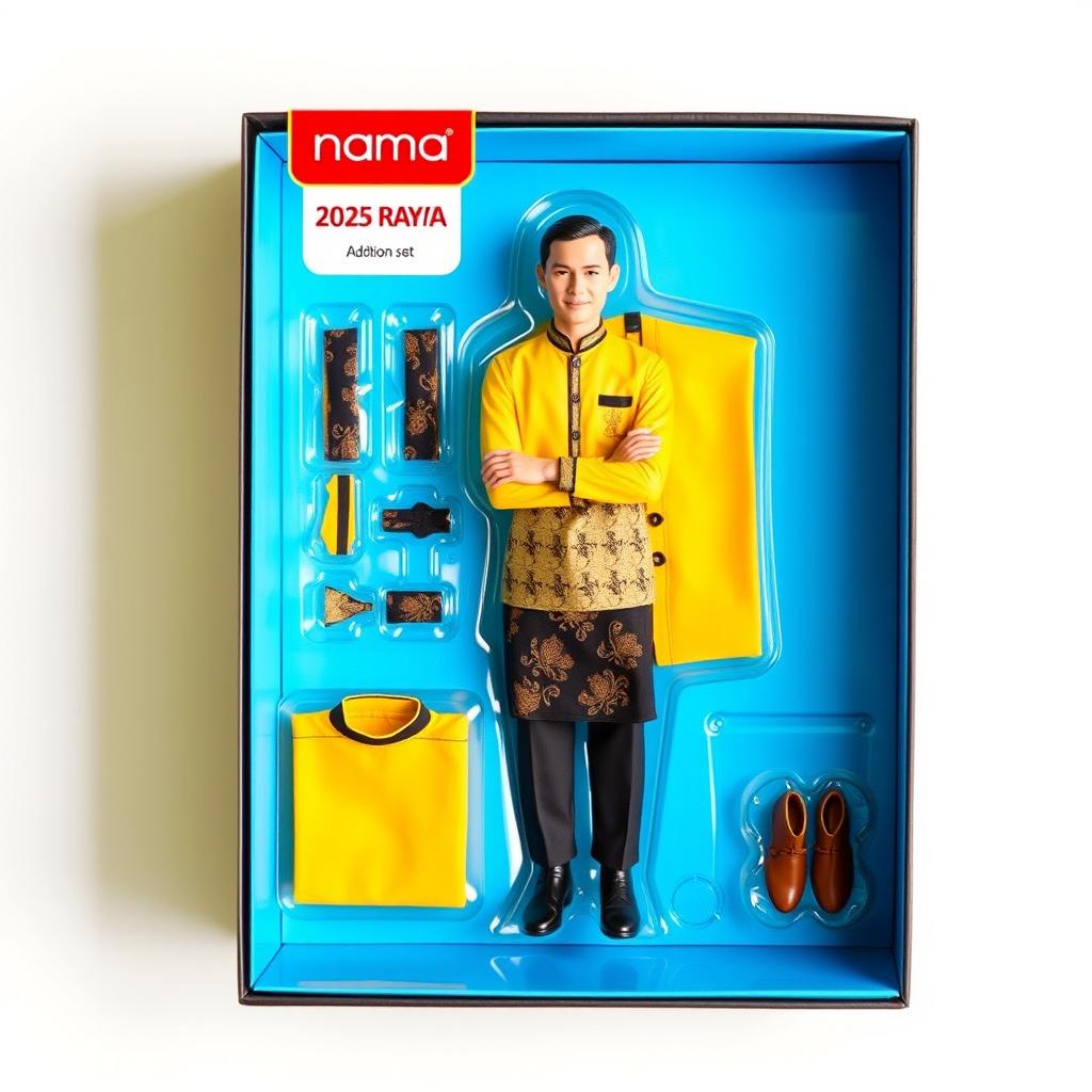 An action figure dressed in traditional Malay attire for Hari Raya 2025, standing with arms crossed
