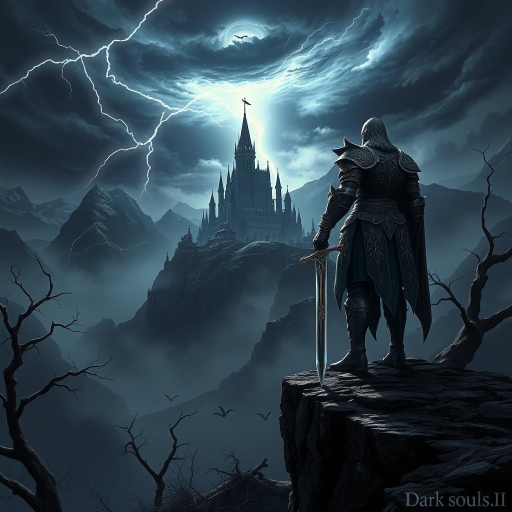 A stunning tribute to Dark Souls III, depicting a lone knight in intricately designed armor standing valiantly on a cliff edge over a dark, brooding landscape