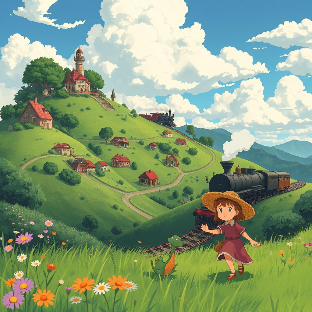 A fantastical landscape reminiscent of Studio Ghibli's enchanting art style, featuring lush green hills dotted with wildflowers, a quaint village with whimsical architecture, and a serene sky filled with fluffy clouds