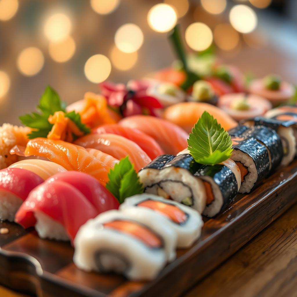 A detailed close-up shot of a beautifully arranged platter of gourmet sushi, showcasing a variety of sushi rolls including colorful nigiri, sashimi, and maki