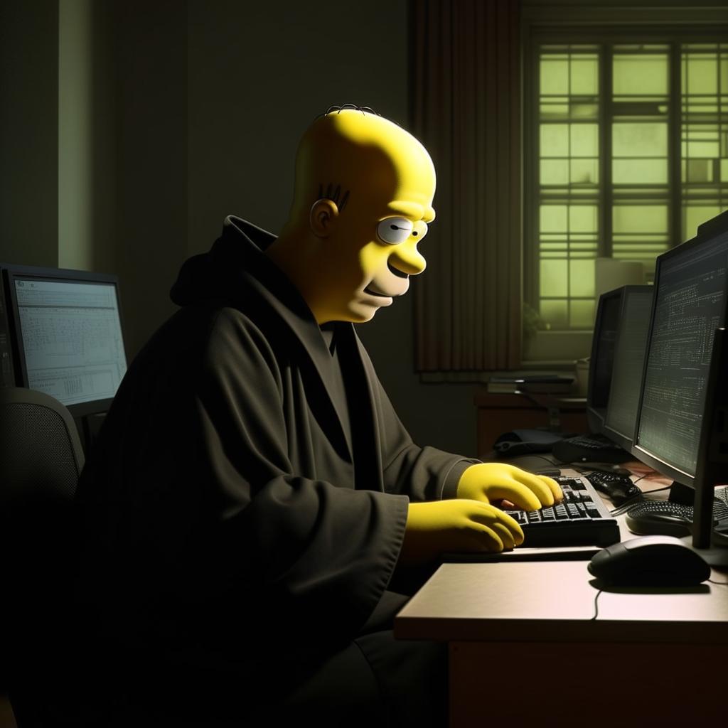 Homer Simpson sitting at a desk, engrossed in using a computer. He is wearing a black robe, conveying a sense of profound seriousness, in contrast to his usual attire.