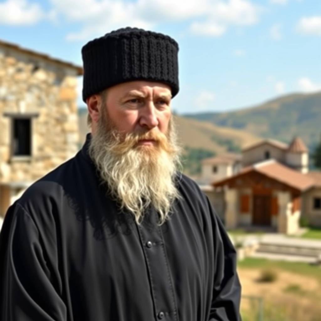 A Greek Orthodox monk dressed in a traditional long black monastic robe, with deep folds and intricate stitch details, standing in a serene landscape