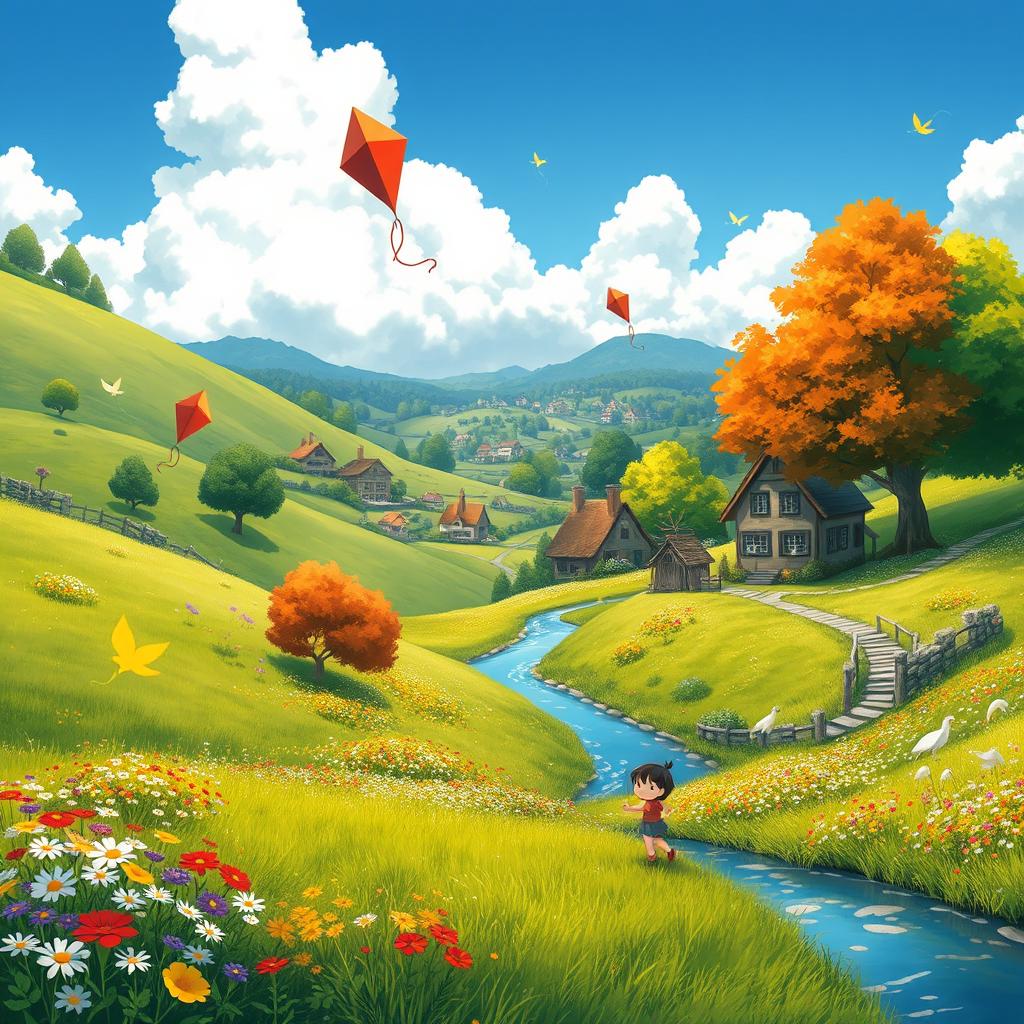 A beautiful fantasy landscape in the style of Studio Ghibli, featuring rolling green hills dotted with colorful wildflowers and lush, vibrant trees