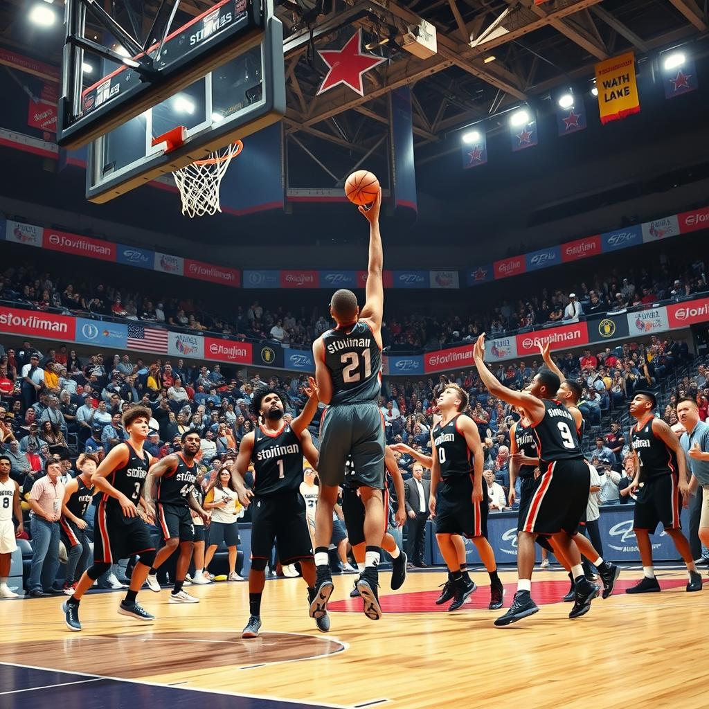 A dynamic scene of an intense basketball game taking place in a large, packed arena, filled with excited fans
