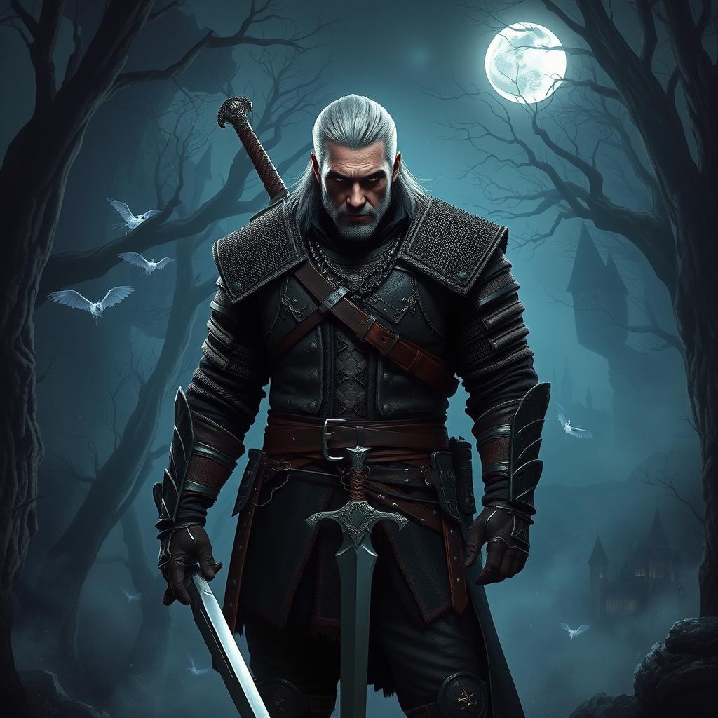 A powerful Witcher standing in a dark, enchanted forest, clad in rugged armor with a glinting sword at his side