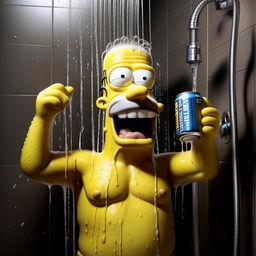 Homer Simpson in the shower, water cascading down, holding an identifiable can of Monster energy drink, consuming it with delight. No explicit nudity, focusing on his humorous expression and the distinctiveness of the can.