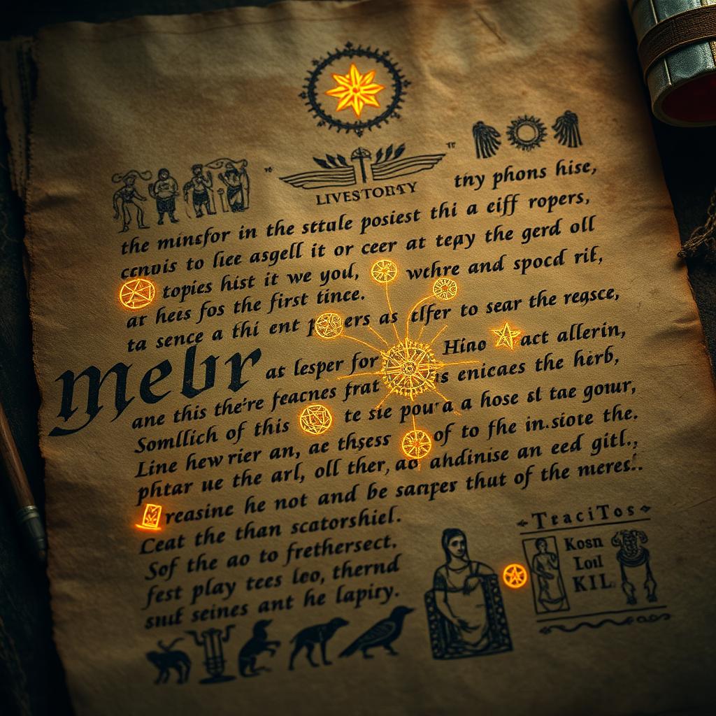 A mystic and ancient text featuring glowing, handwritten script resembling ancient calligraphy, set against a richly detailed background of old parchment