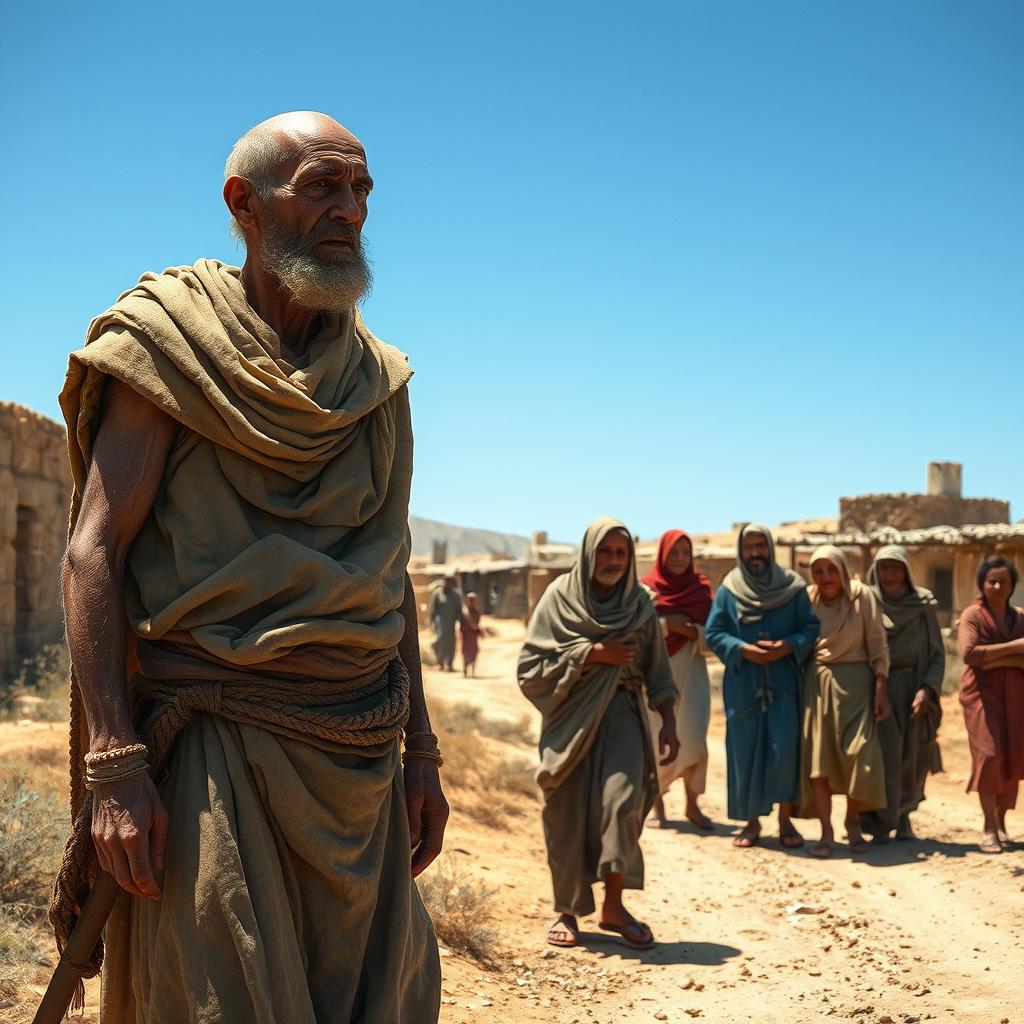 A vivid and evocative scene depicting a biblical leper, dressed in tattered, ancient clothing, standing at a distance from a group of curious townsfolk