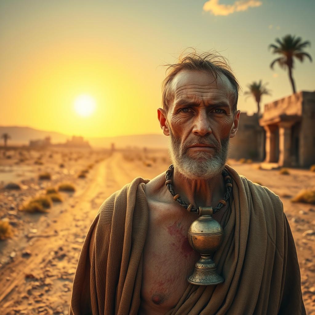 An ancient biblical scene depicting a leper with a distinct bell around his neck