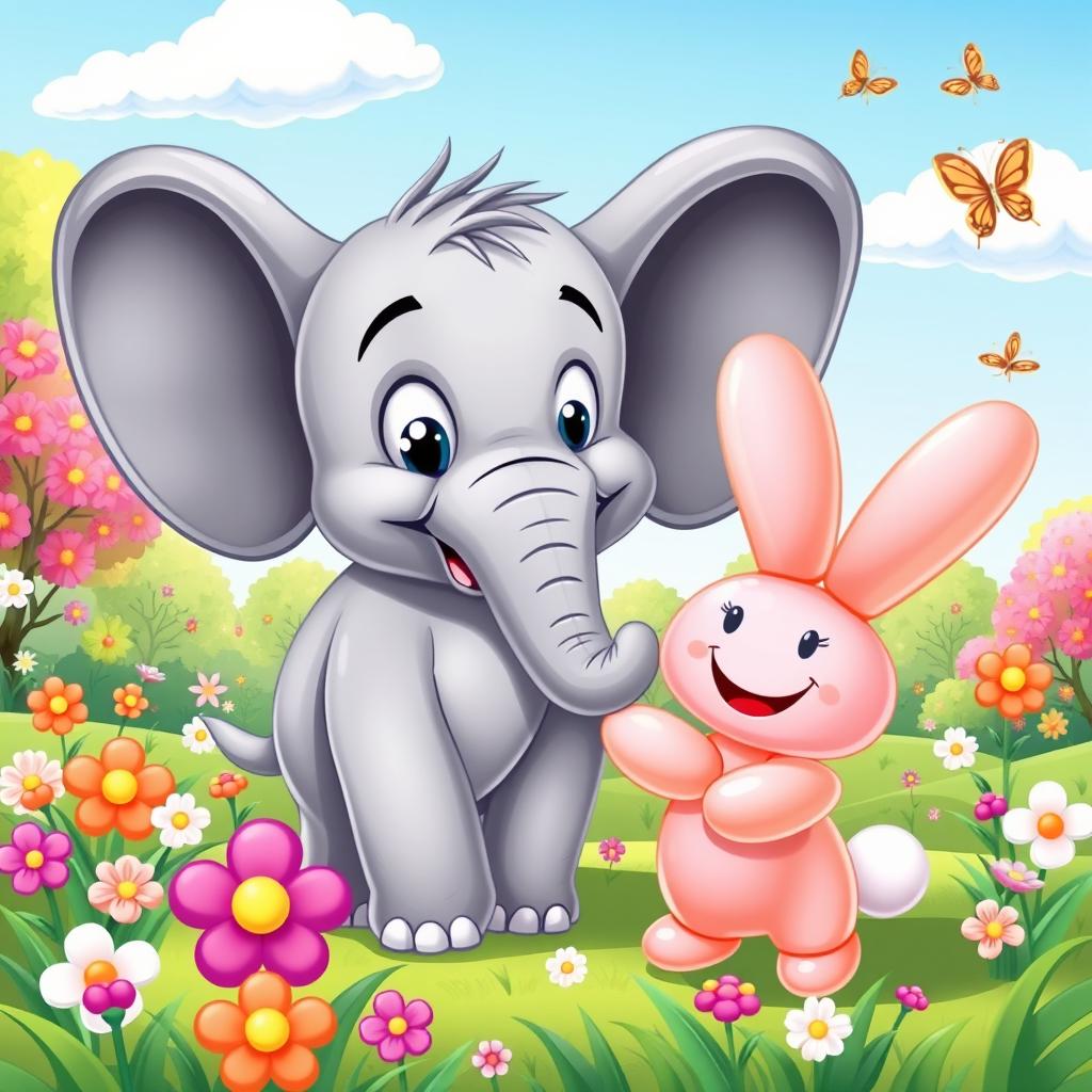 A whimsical scene featuring a cartoon-style elephant playfully making a rabbit out of balloon animals