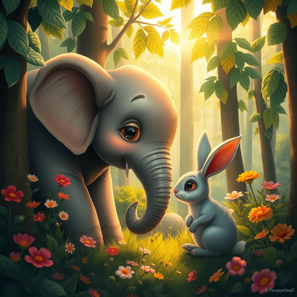 A surreal and imaginative scene depicting an elephant and a rabbit in a poignant moment of friendship in a lush, vibrant forest