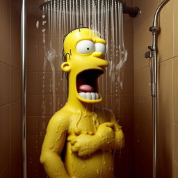 Homer Simpson in the shower, water cascading down, holding an identifiable can of Monster energy drink, consuming it with delight. No explicit nudity, focusing on his humorous expression and the distinctiveness of the can.