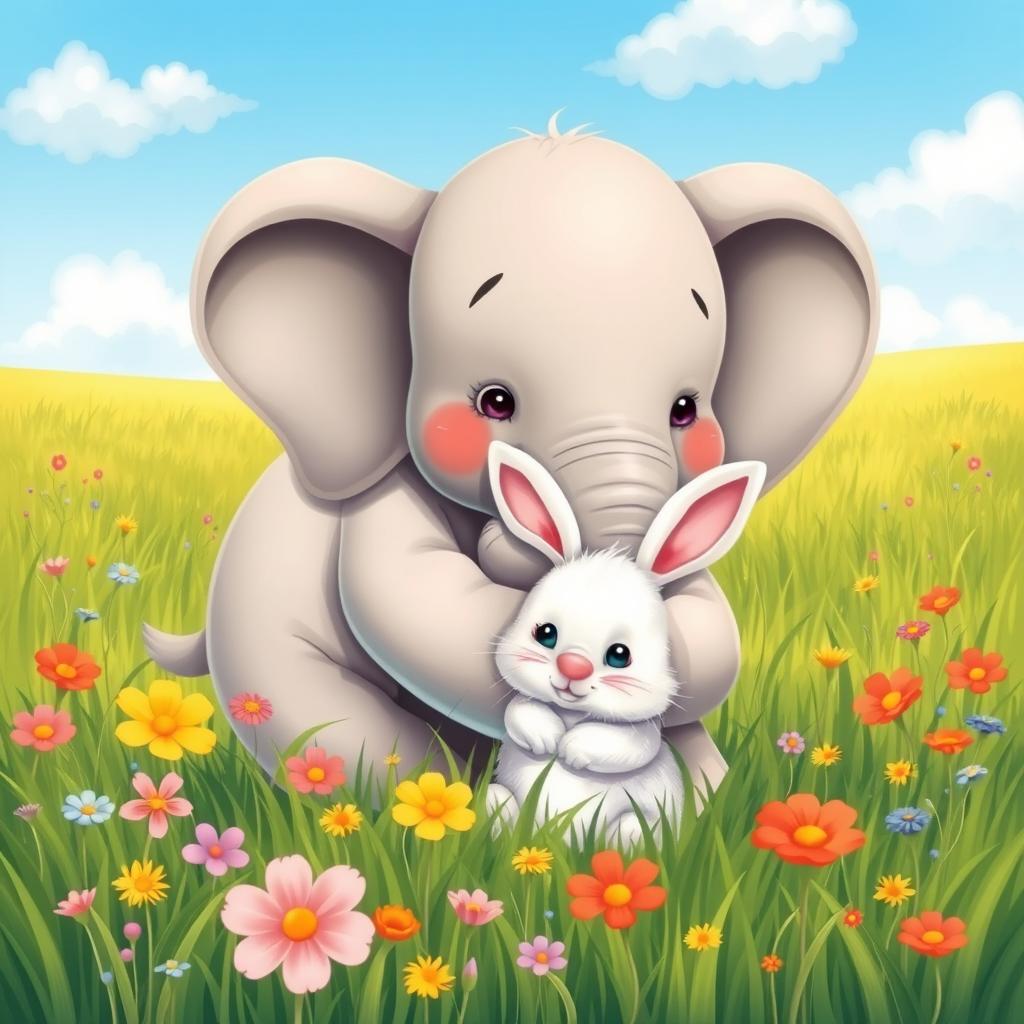 A heartwarming scene of an elephant gently hugging a rabbit in a sunny meadow