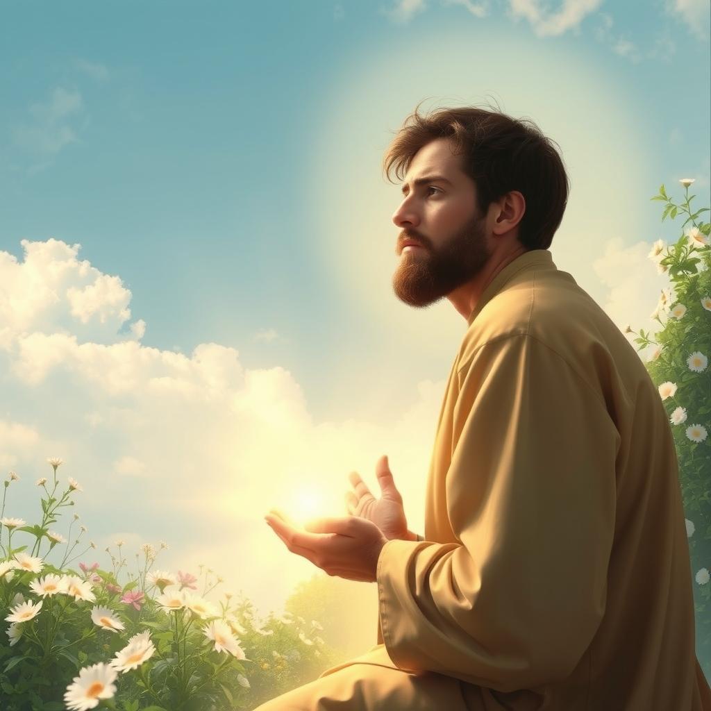 A kneeling man with a look of deep sincerity on his face, pleading earnestly in prayer