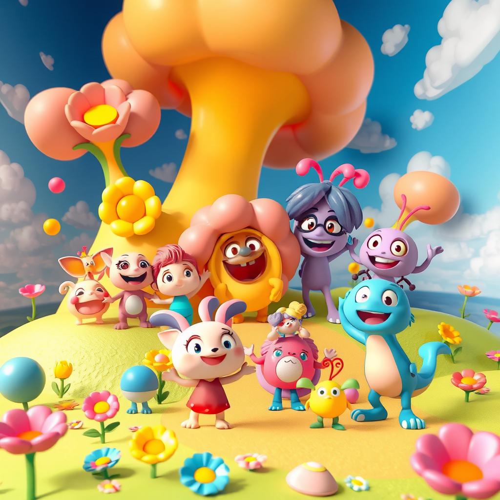 A vibrant 3D cartoon scene featuring colorful, whimsical elements, including fantastical creatures and playful characters