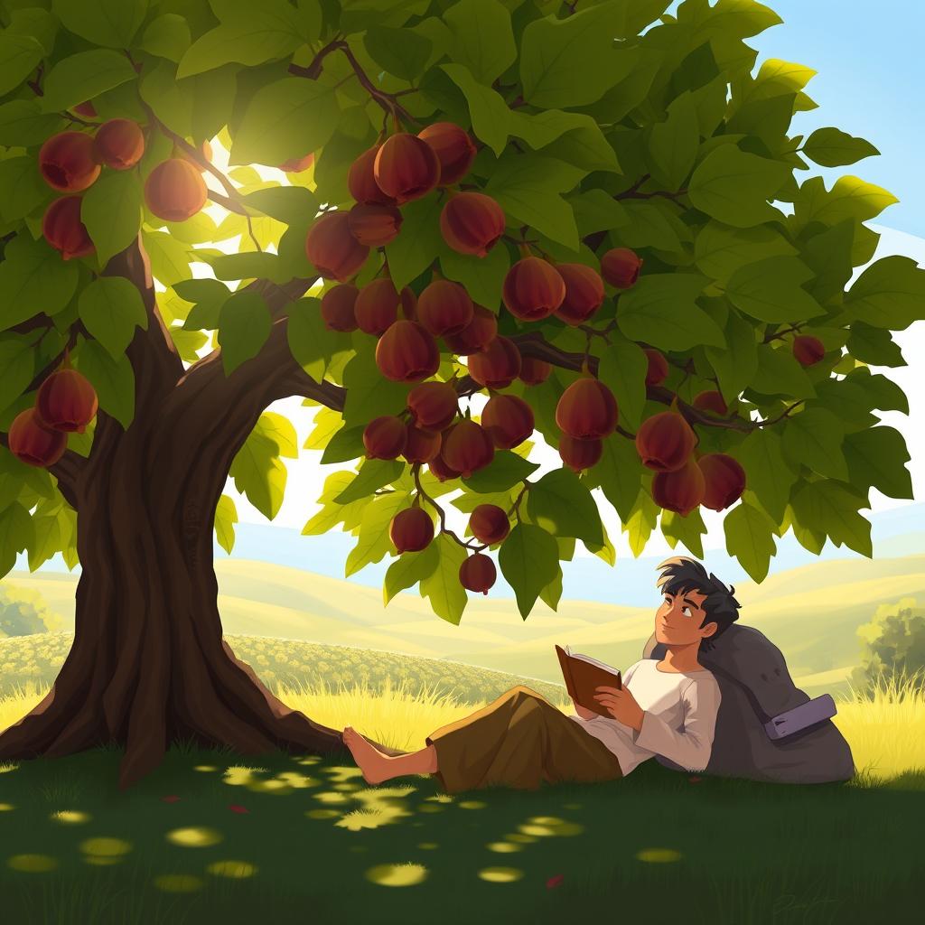 A serene scene featuring Nathaniel relaxing under a large fig tree