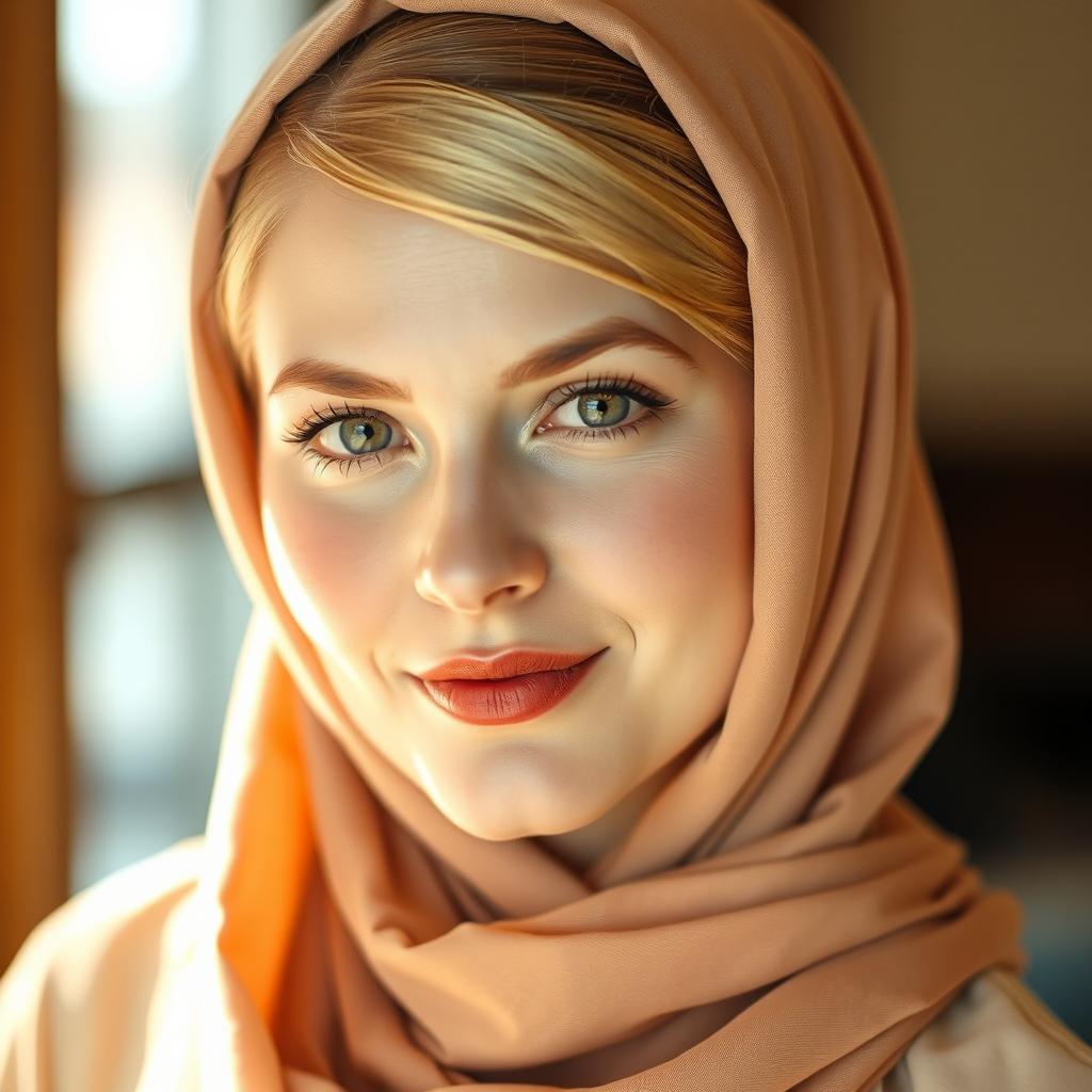 Kristen Dunst wearing a beautifully styled hijab that perfectly respects her natural round face shape