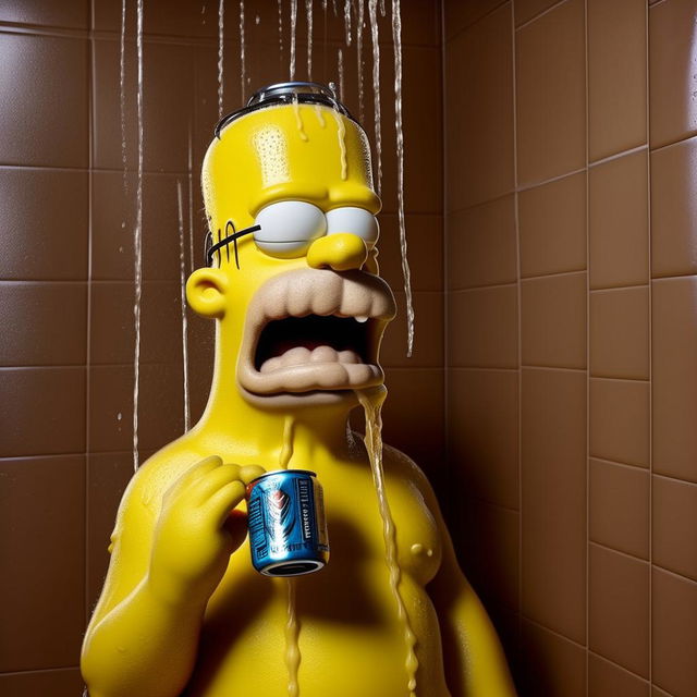 Homer Simpson in the shower, water cascading down, holding an identifiable can of Monster energy drink, consuming it with delight. No explicit nudity, focusing on his humorous expression and the distinctiveness of the can.