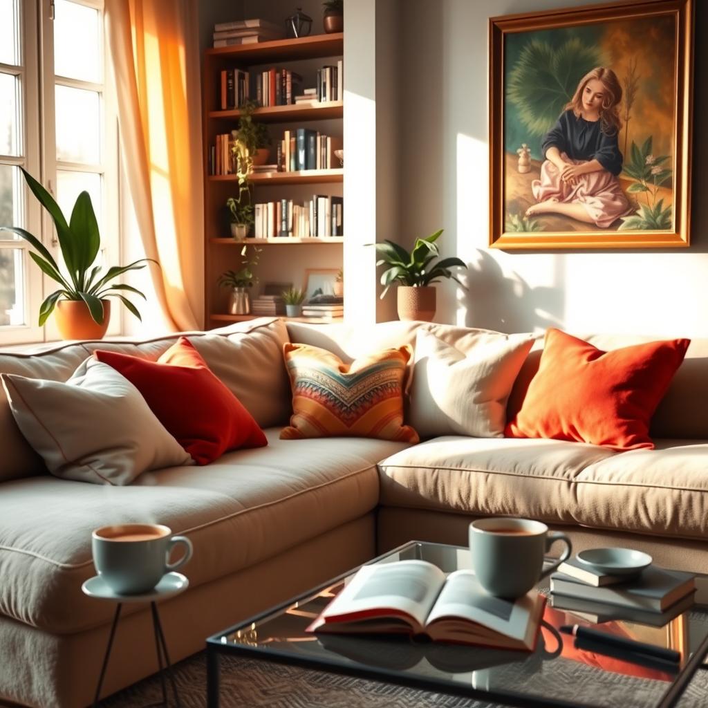 A cozy, inviting living room scene featuring a plush sofa adorned with colorful throw pillows