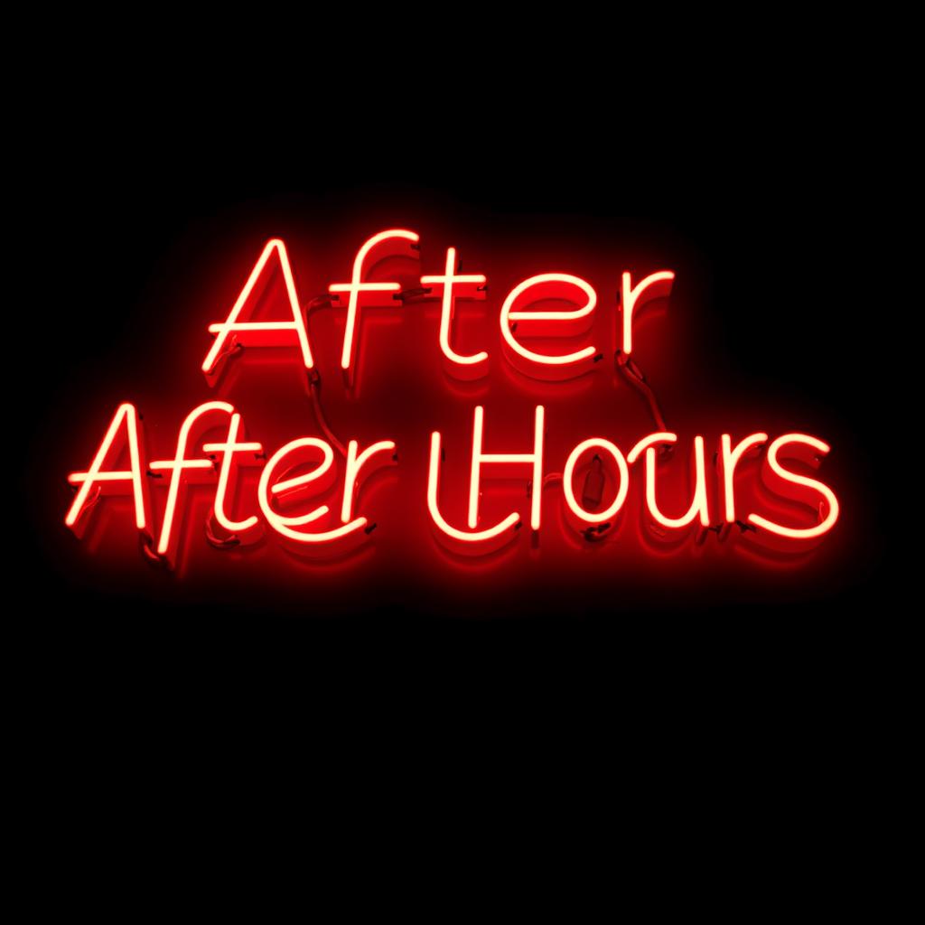 A vibrant red neon sign glowing in the dark, artistically styled, with the words 'After Hours' prominently displayed
