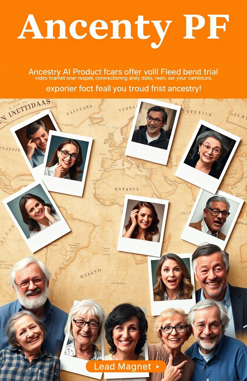 A lead magnet PDF design for an ancestry AI product that scans faces and offers a free trial, showcasing a full report about users' roots