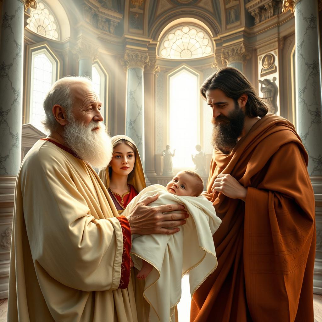 A scene depicting the Presentation of Christ to Simeon the Elder in the Temple, featuring an elegant, serene atmosphere filled with soft light streaming through ornate windows
